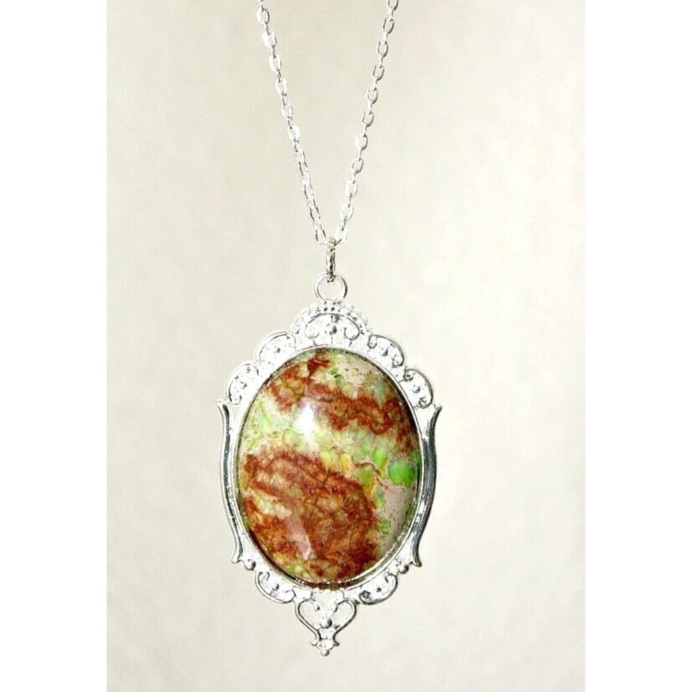 Sea Sediment Jasper Pendant Necklace Oval Green Brown Stone Cabochon OOAK BOHO